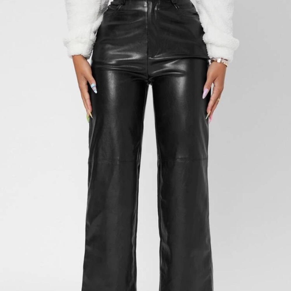 SHEIN Solid High Waist Straight Leg Leather Pants